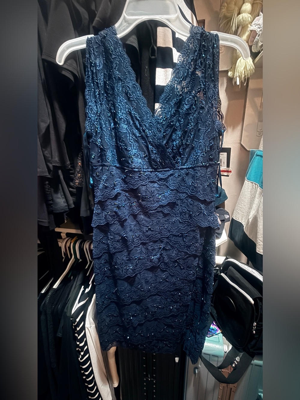 NWT Marina Navy Lace & Sequin V-Neck Dress - Picture 3 of 14